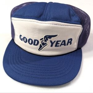 Vtg Goodyear Tires Trucker Hat Blue Yellow Snapback Mesh Cap Retro